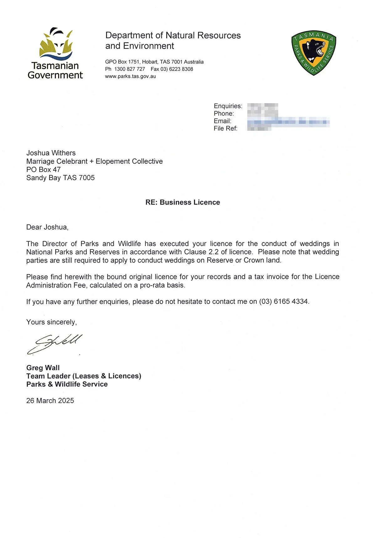 Tasmanian Parks and Wildlife License To Operate As A Wedding Celebrant in The Tasmananian Wilderness Weddings ⌘