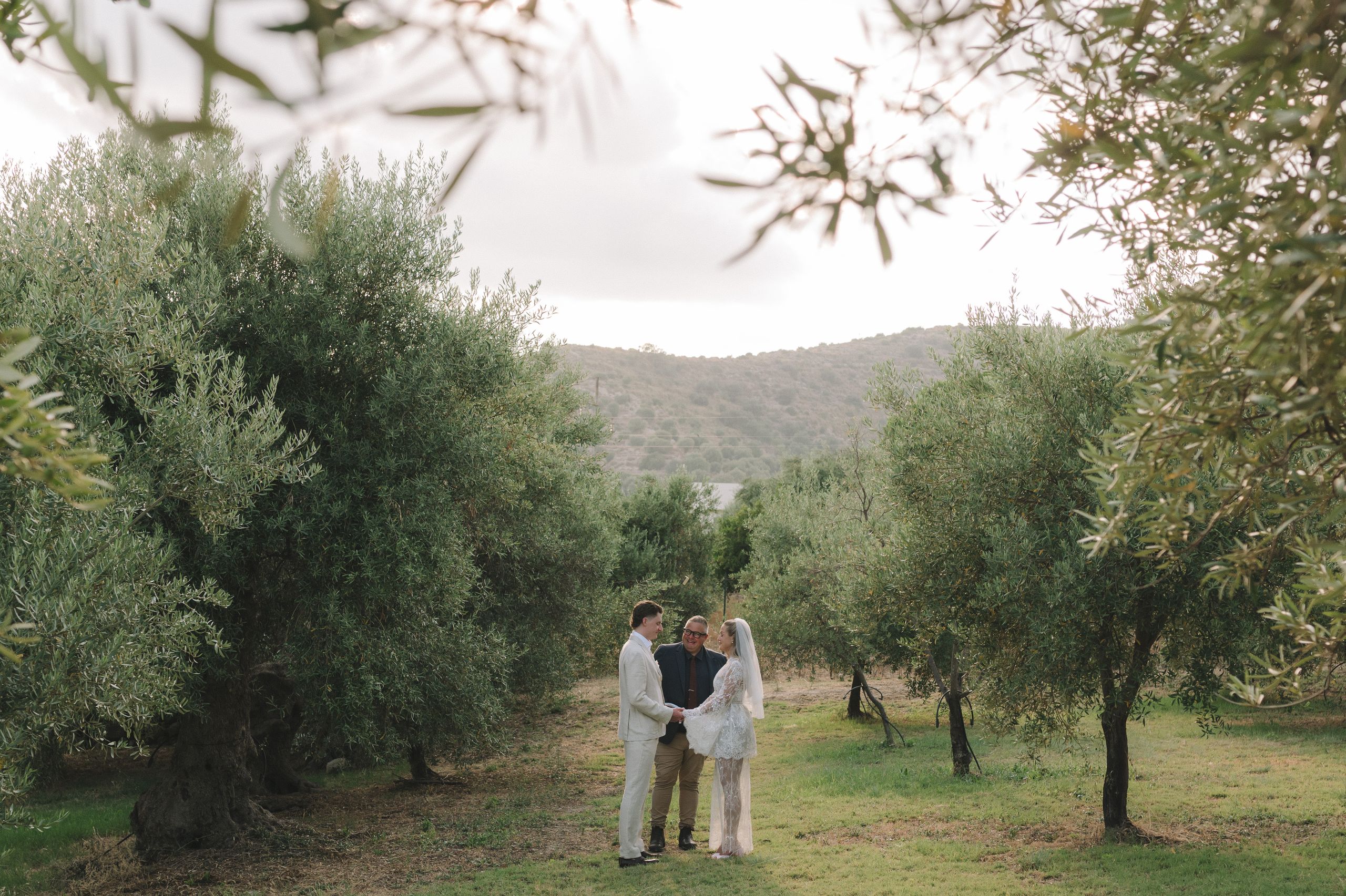 Josh Withers marrying a couple in an olive grove