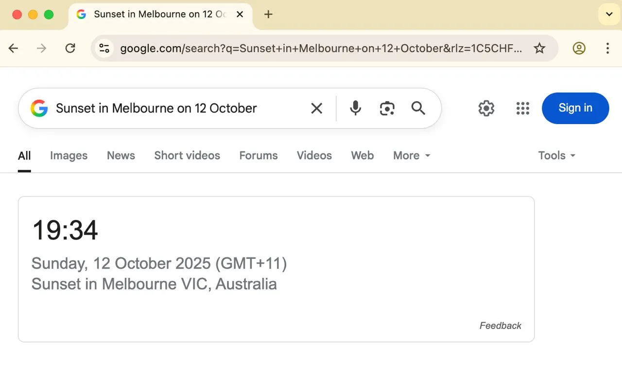 Screenshot of Google searching for the Sunset in Melbourne on 12 October ⌘